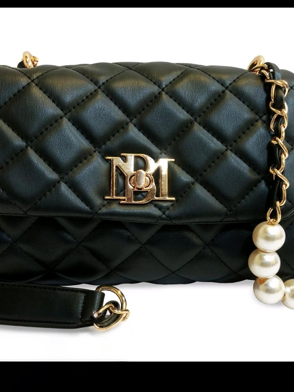 Badgley Mischka Black Quilted Crossbody with Gold Chain & Pearl Detail